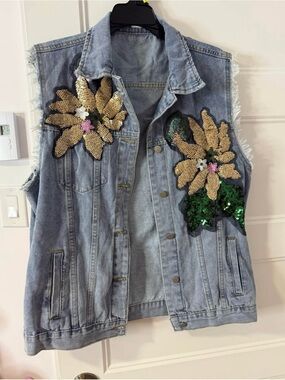 Rado Light Blue Denim Jean Vest with Gold Sequin Floral Appliqué